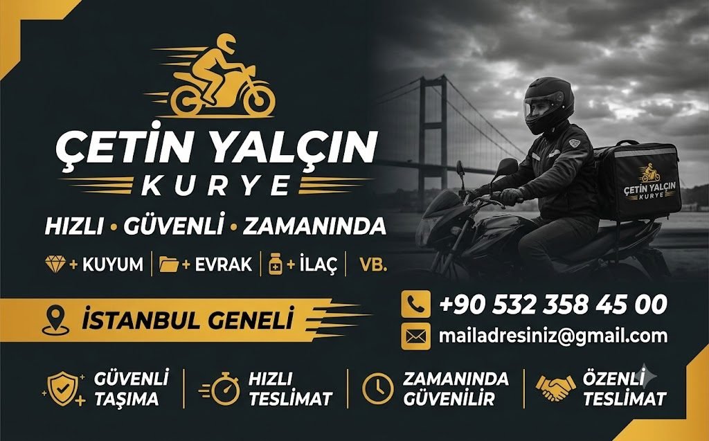 Kurye kartvizit tasarım örneği — siyah zemin, altın vurgu, motorlu kurye görseli