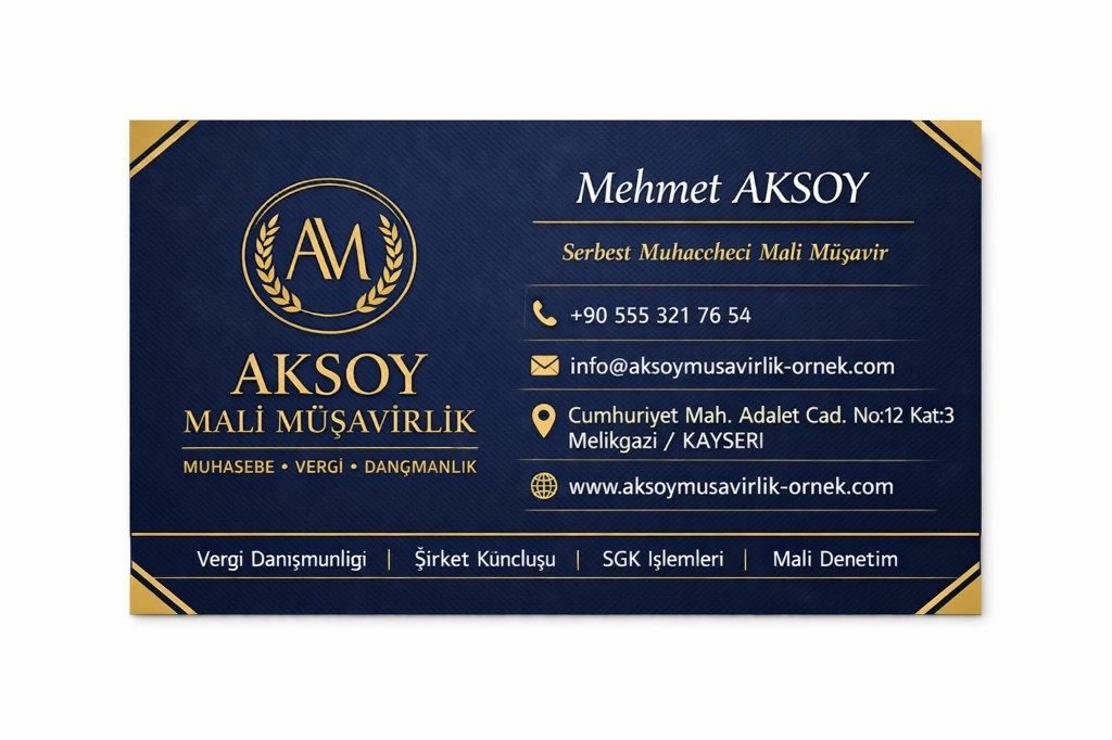 Mali müşavirlik kartvizit tasarım örneği — lacivert zemin, altın emblem, kurumsal yerleşim