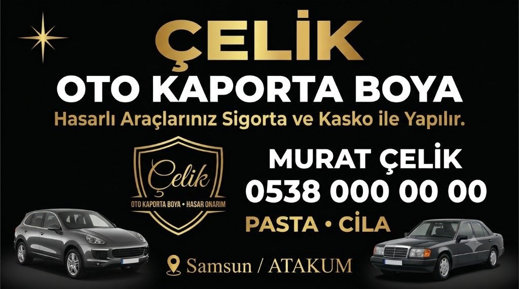 Oto kaporta boya kartvizit tasarım örneği — siyah zemin, altın başlık, iki araç görseli