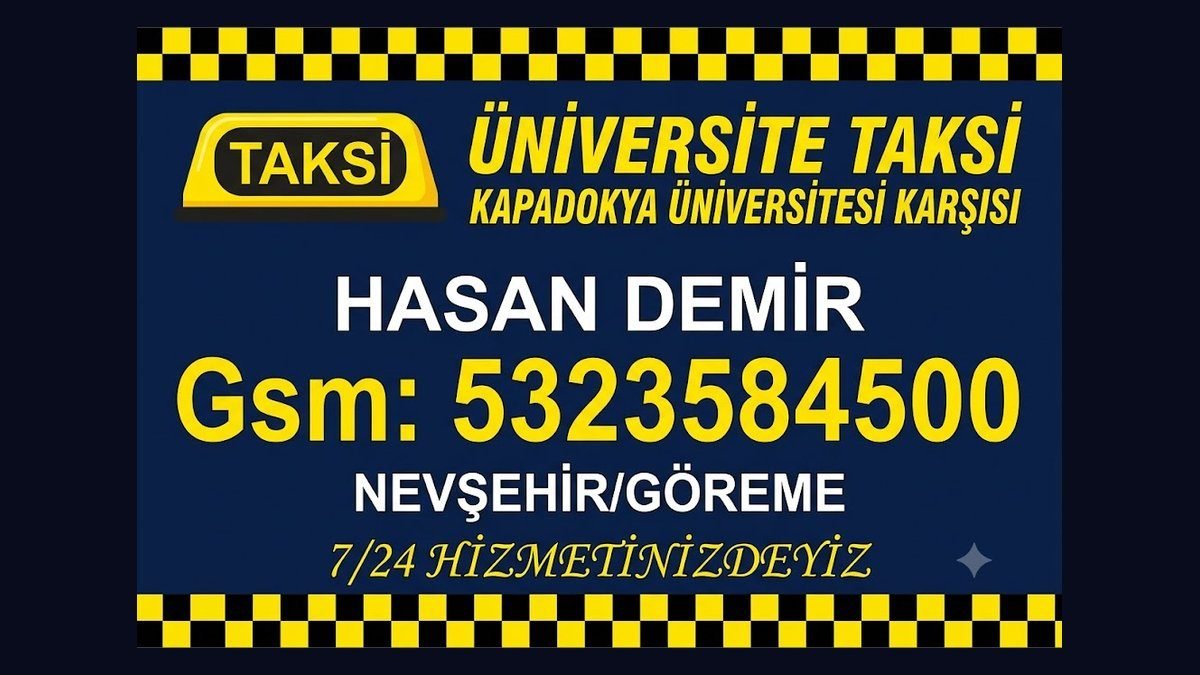 Üniversite Taksi kartvizit örneği — dama şerit, tepe lambası, büyük sarı telefon