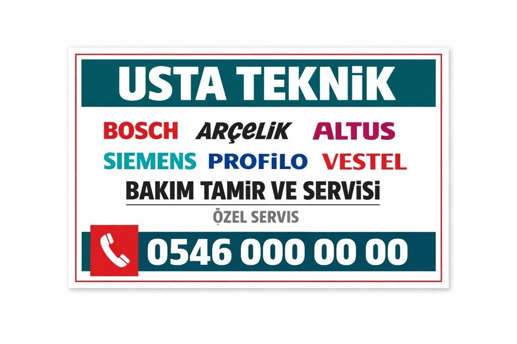 Teknik servis etiketi tasarım örneği — petrol yeşili bant, marka listesi, kırmızı telefon ikonu