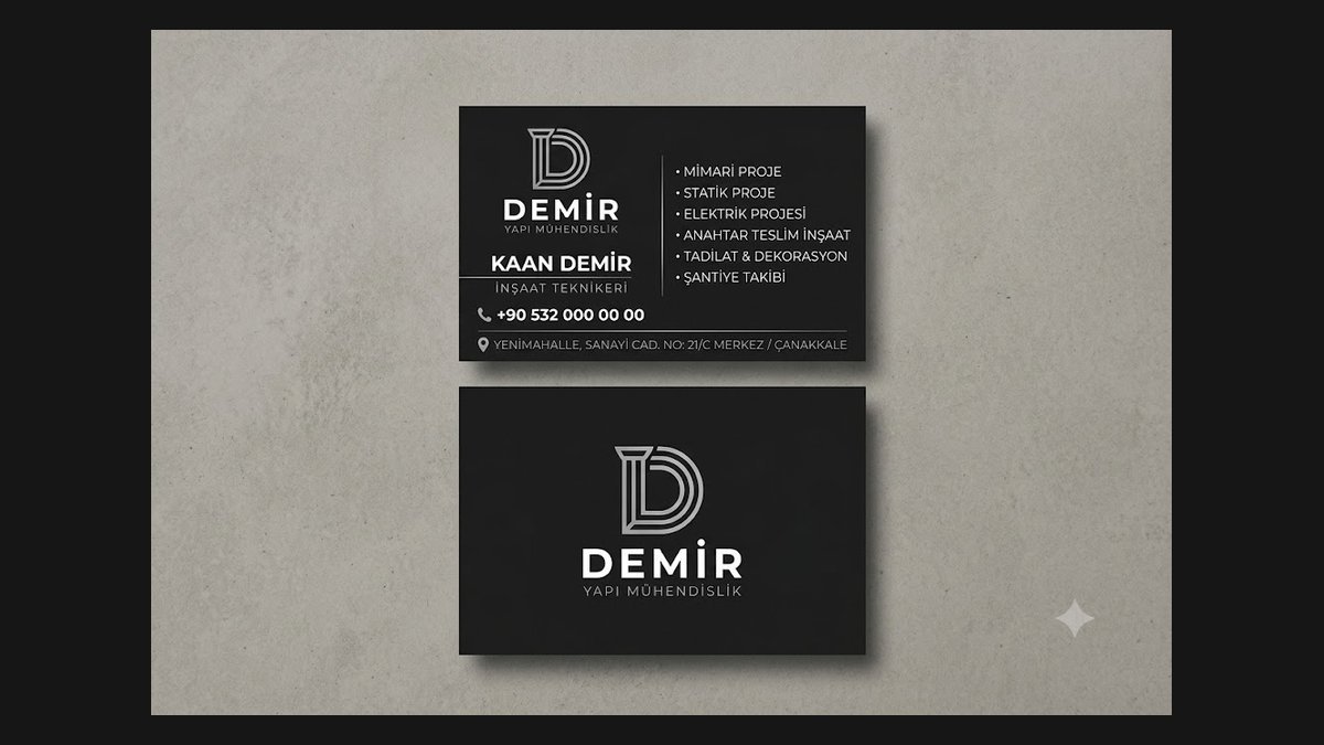 Demir Yapı Mühendislik kartvizit örneği — monokrom çift yüzlü tasarım